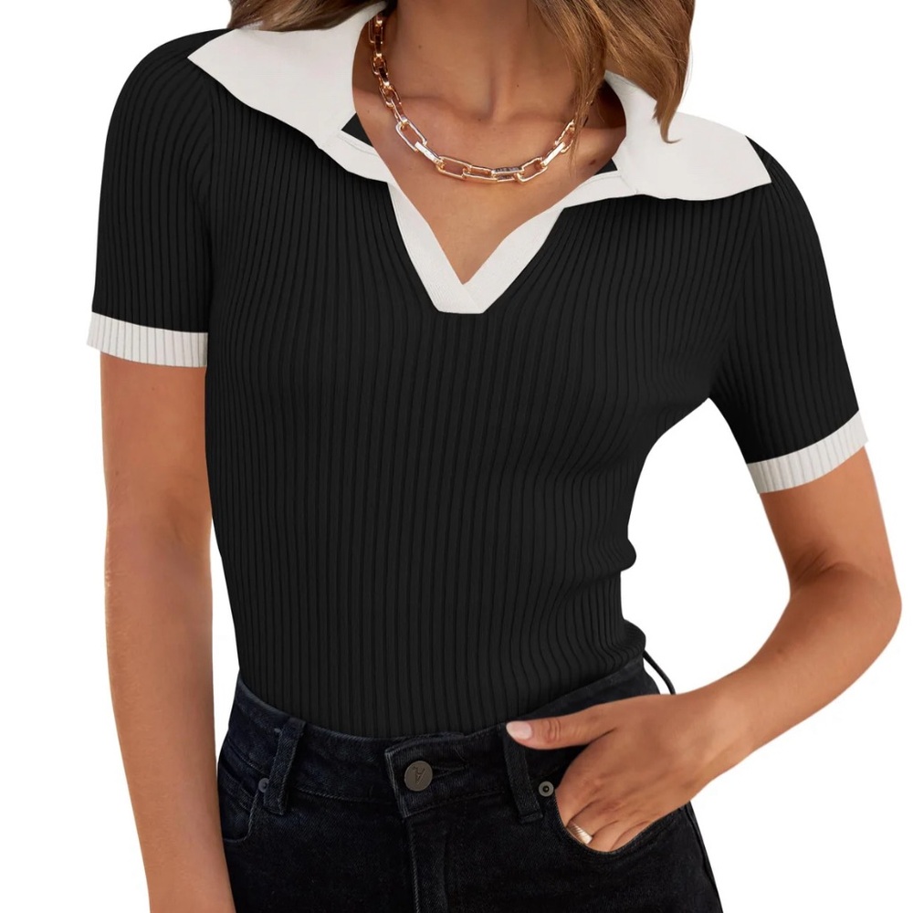 ZESICA SHORT SLEEVE V NECK RIBBED KNIT SLIM TOP